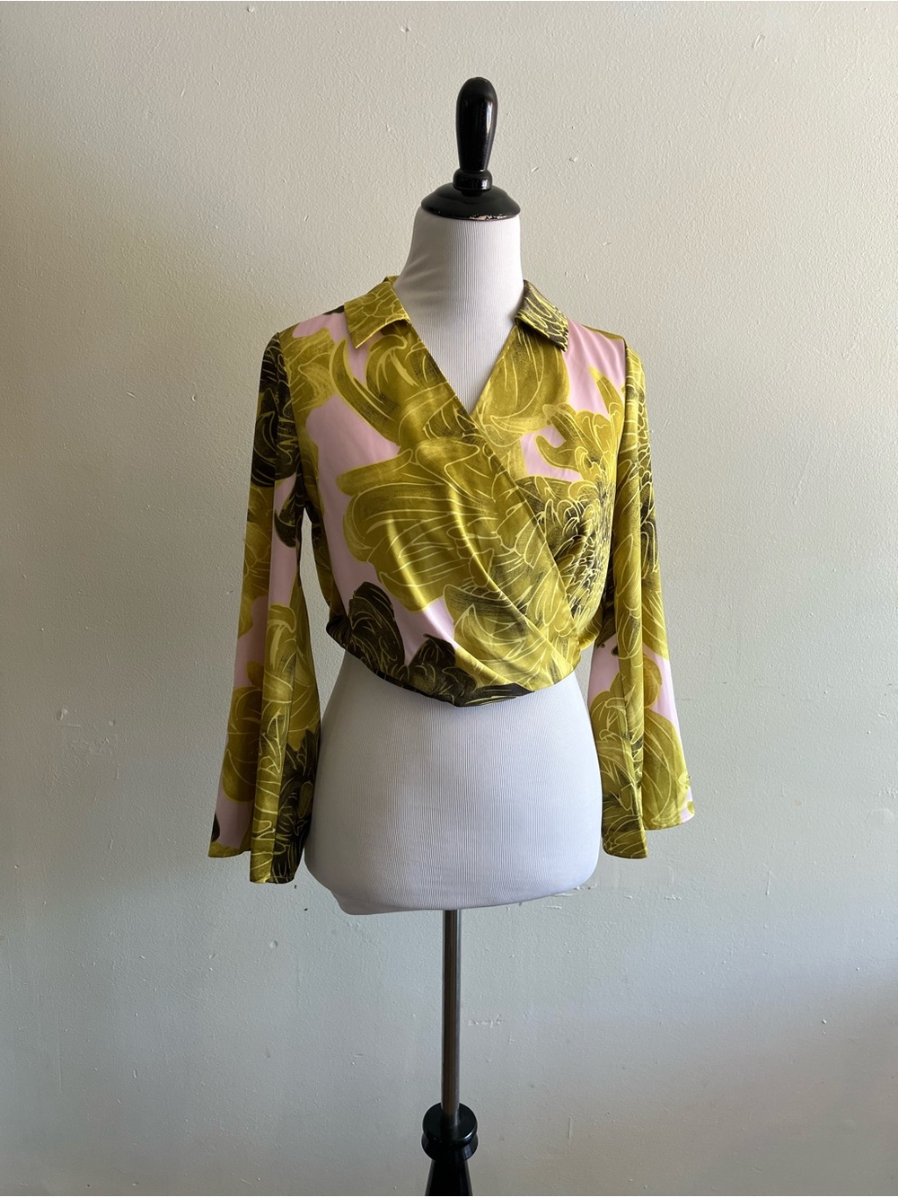 Floral Draped Wrap Blouse in Olive Green and Light Pink